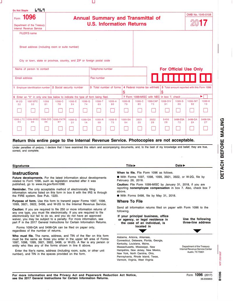 Form 1096 Transmittal Of Forms 1098 1099 5498 And W 2G To The IRS